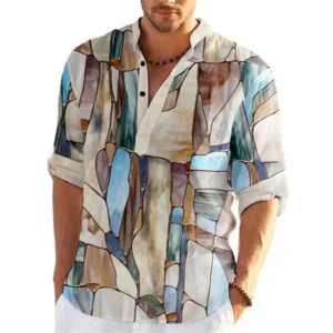 Abstract Color Block 3D Printed Henley Shirts Men's Streetwear Oversized Stand Collar Long Sleeve Shirt Tops Blouse Man Clothing